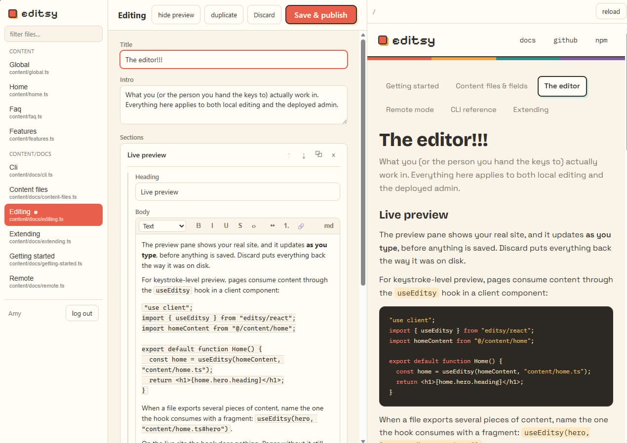 Screenshot of the editsy website
